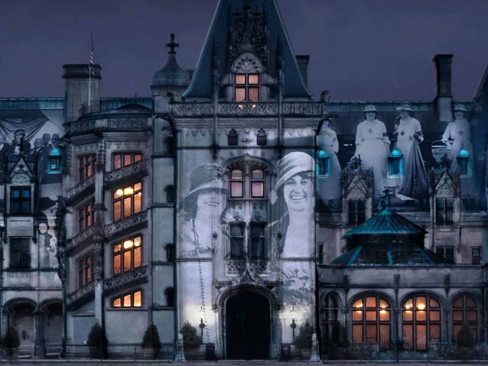 Biltmore Castle lit up in a spooky